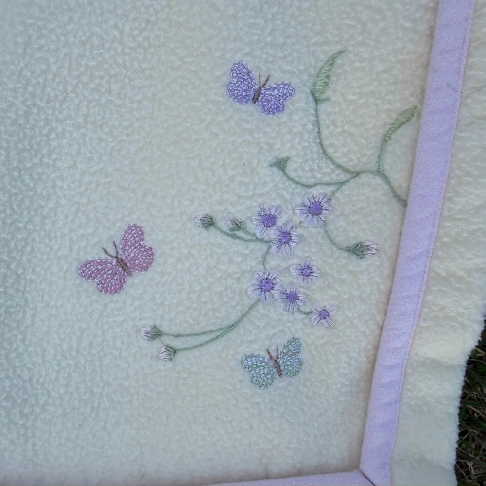 Y2K Fleece Baby Blanket Embroidered Butterflies Flowers Yellow Purple Pink 29x39